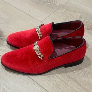 Enzo Romeo Red Velvet Gold Chain Tuxedo Loafers Men’s 8.5 Dress Slip-On Shoes